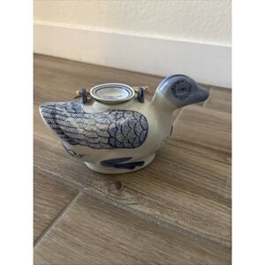 Vintage Chinese Blue and White Hand Painted Porcelain Duck Teapot 9" x 4.5"